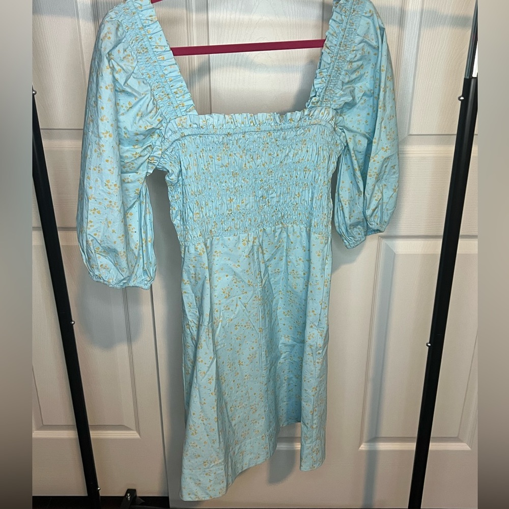 Ganni printed cotton poplin smocked dress blue